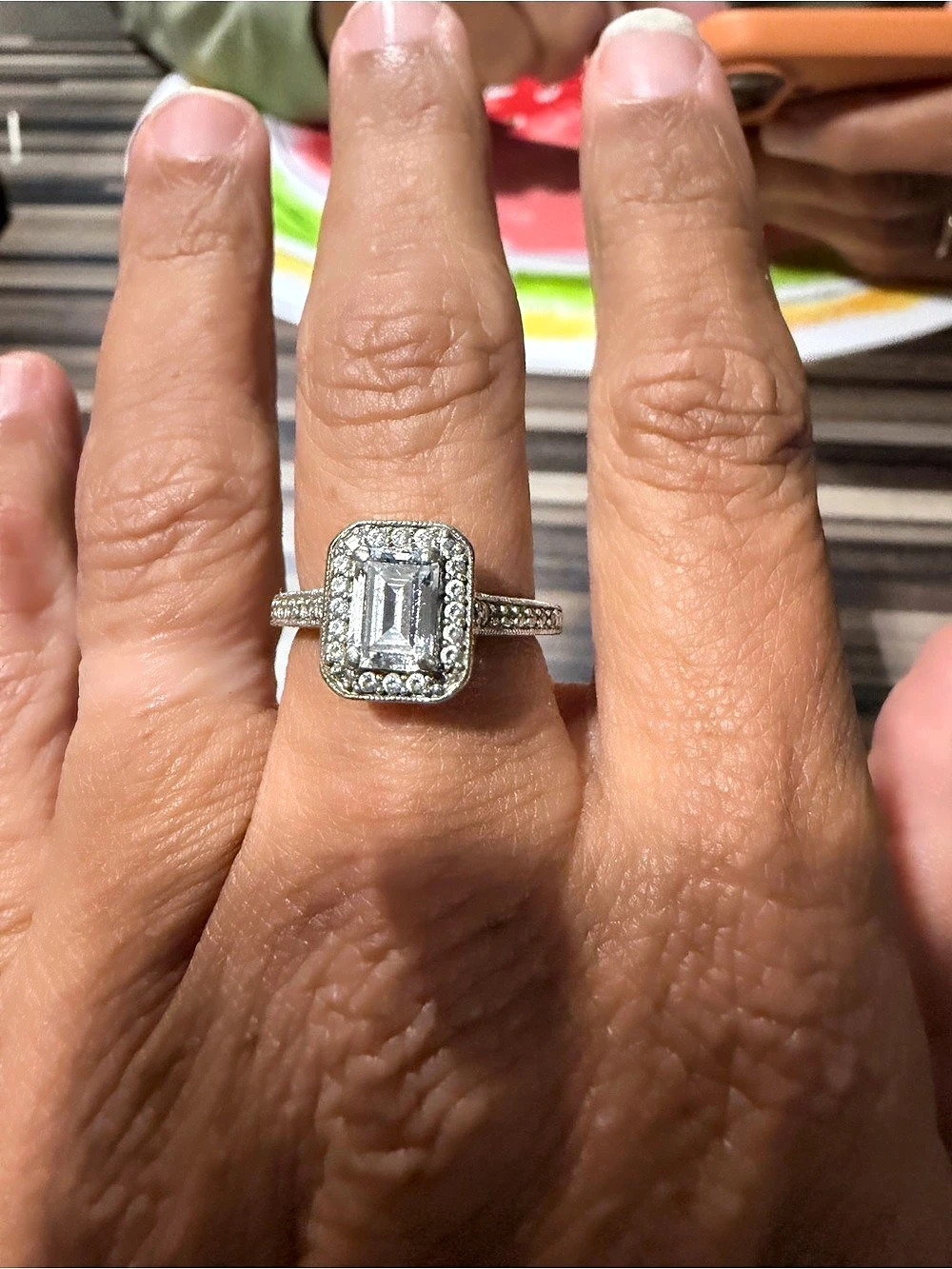 Emerald Cut Simulated Diamond Halo Engagement Ring Sterling Silver Size 7 #411